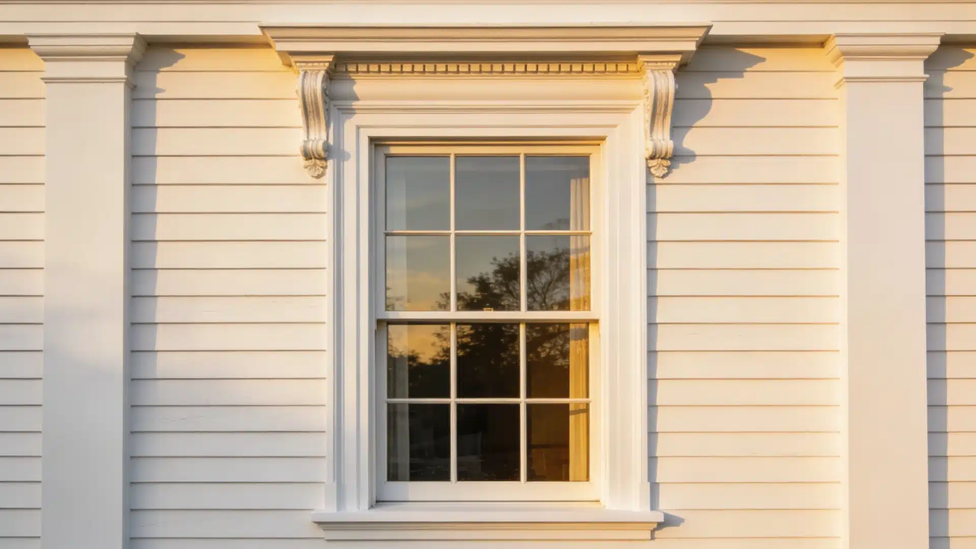 White, classically trimmed double-hung window set in cream-colored horizontal clapboard siding illuminated by warm afternoon sunlight.