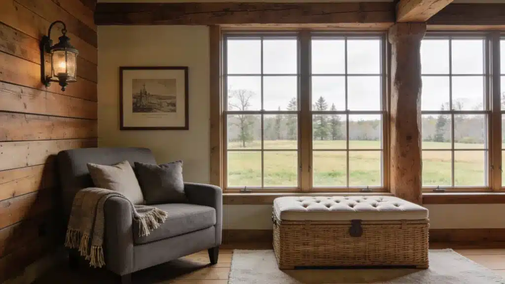 A cozy interior reading nook with a grey armchair, rustic wood paneling, a lantern sconce, and a large window overlooking a grassy field and distant trees.