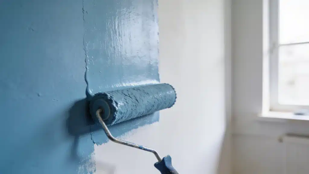 A paint roller applies wet, medium-blue paint over a white wall next to a bright, blurred window.