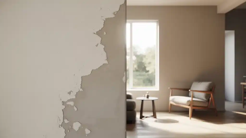 A room featuring a wall with chipped paint, showcasing signs of wear and age (1)