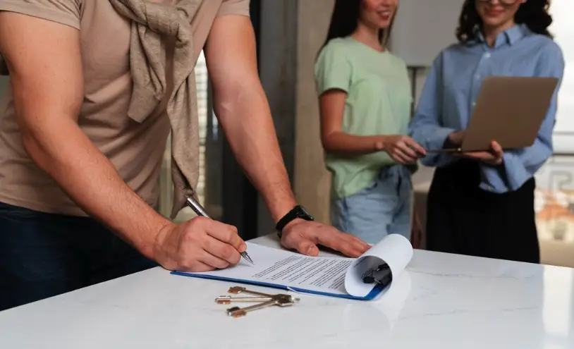 Man signing contract on marble table, two people in background holding laptop, indoor setting