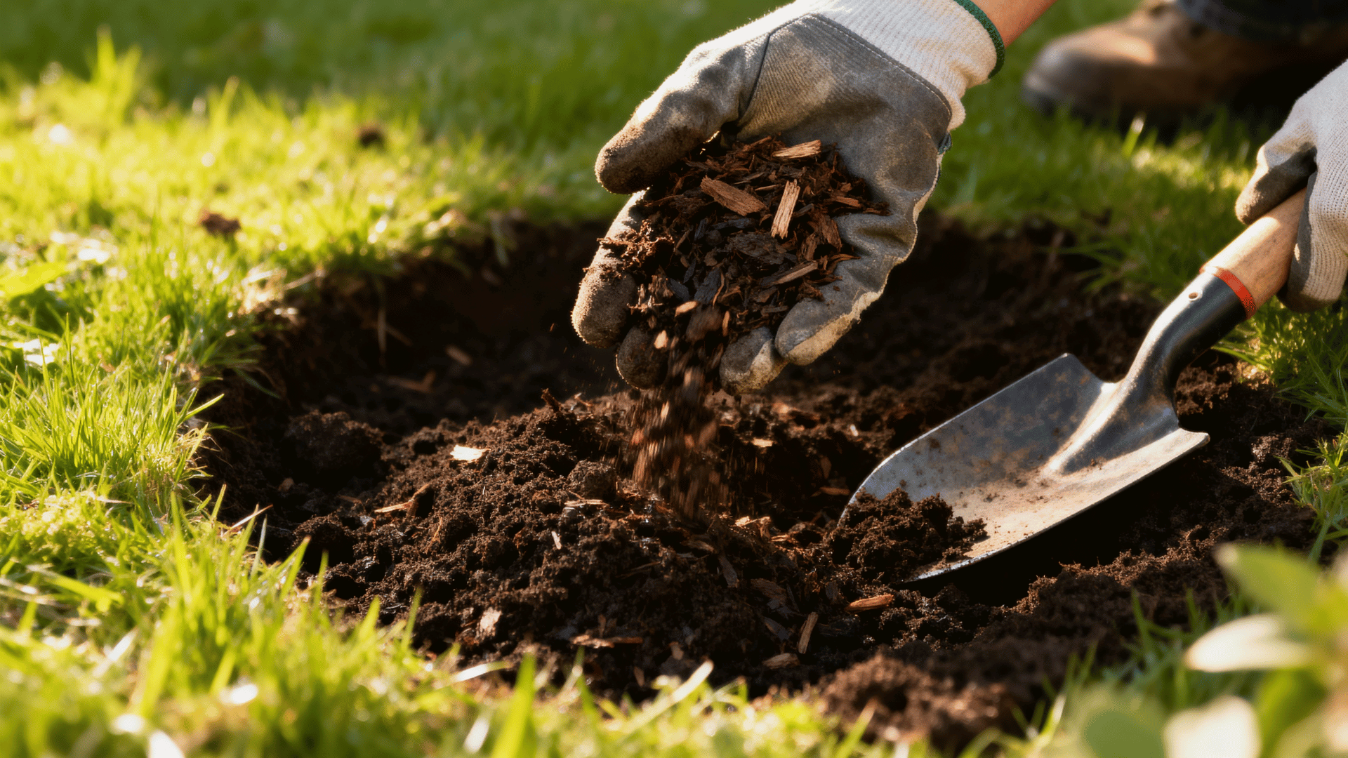 adding compost and fresh topsoil to improve lawn soil before grass seeding