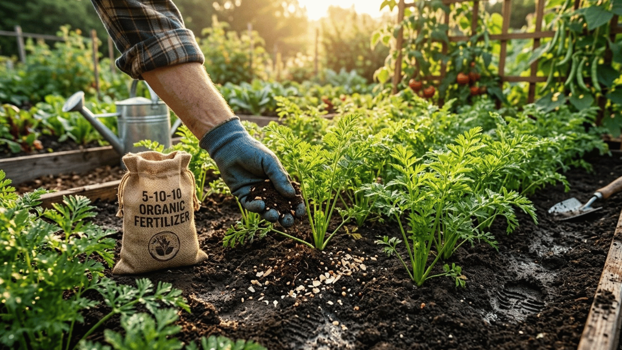 adding the fertilizers to ensure the healthy carrots