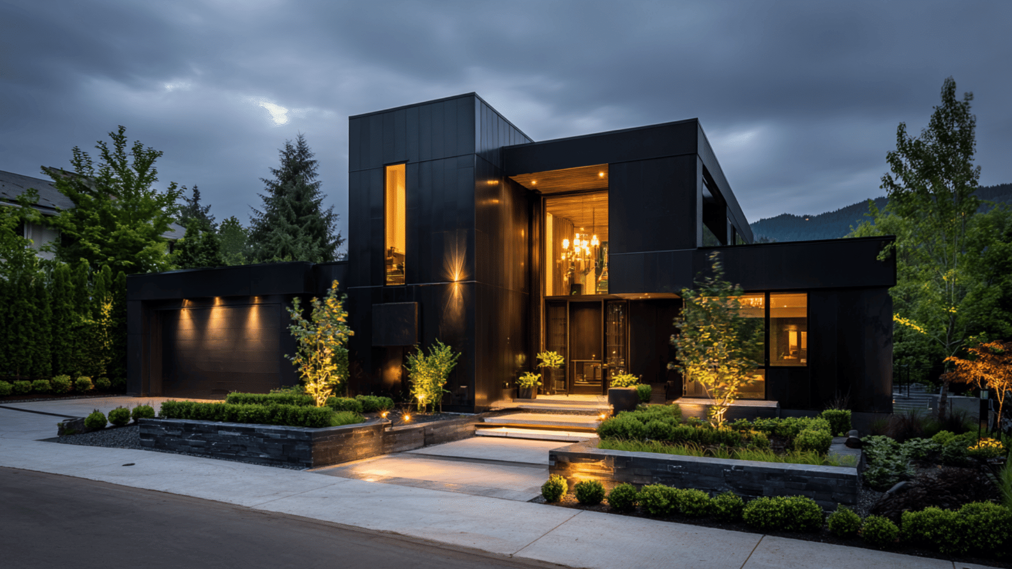 all black modern house exterior with luxury minimalist design