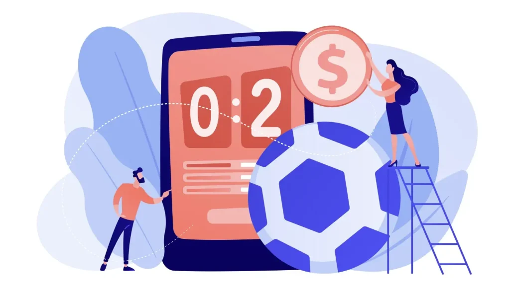 Abstract illustration of people with a large phone, soccer ball, and dollar sign coin