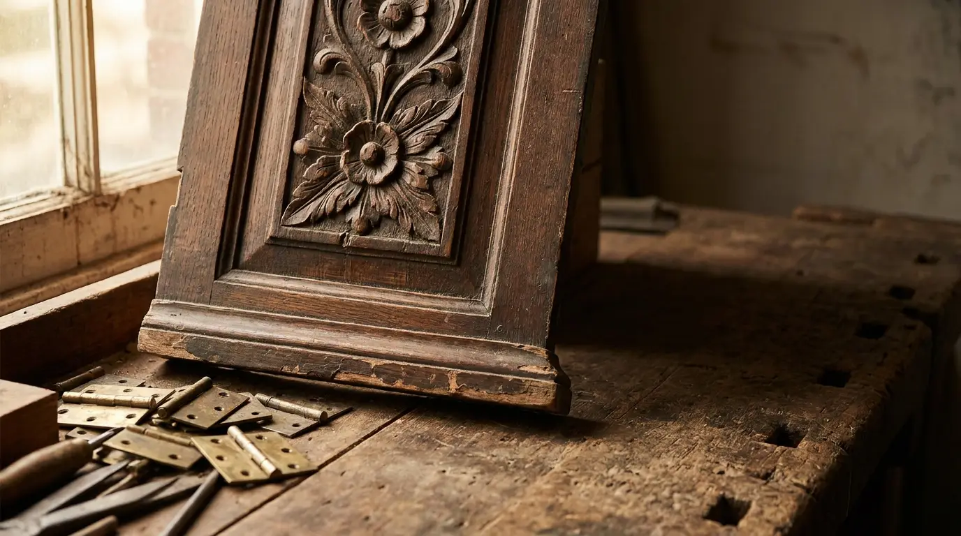 Wooden panel with floral carving leaning on rustic workbench in dimly lit workshop