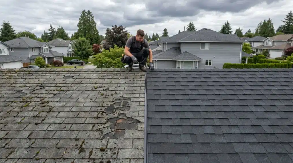 Roofer inspecting damaged shingles on aged roof next to newly installed shingles in suburban neighborhood