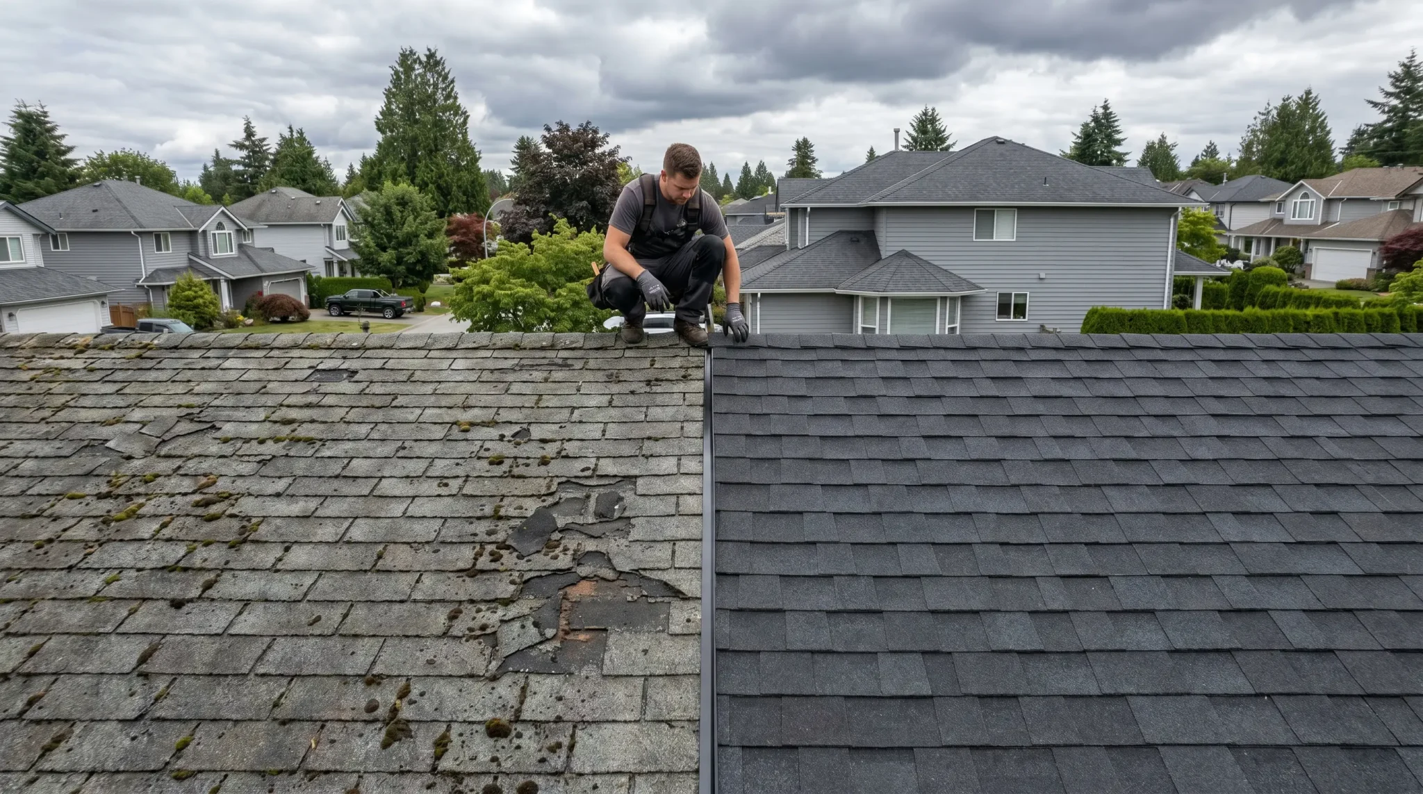 Roofer inspecting damaged shingles on aged roof next to newly installed shingles in suburban neighborhood