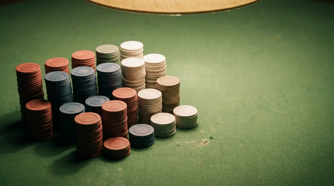 Stacks of poker chips in various colors on green felt table under warm lighting