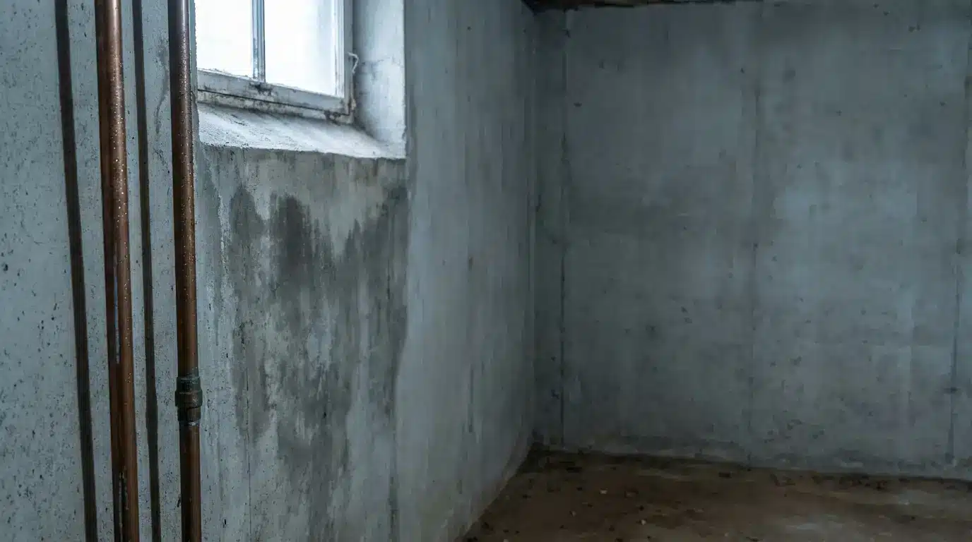 Concrete basement corner with exposed copper pipes and small window providing natural light