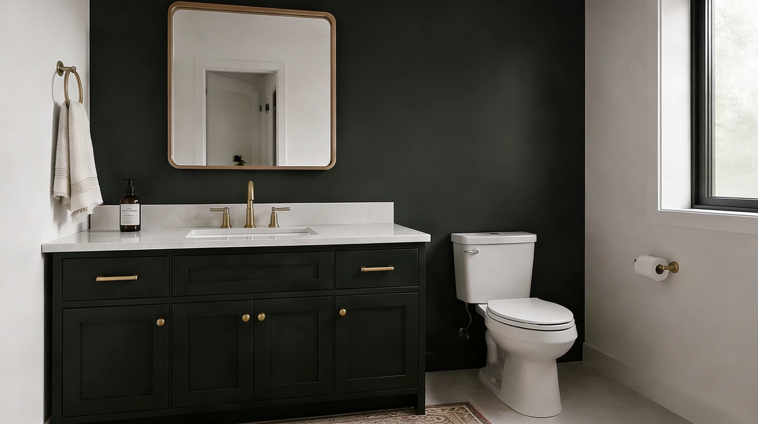 Minimal bathroom with SW 6994 vanity brass fixture warm wood mirror and soft lighting