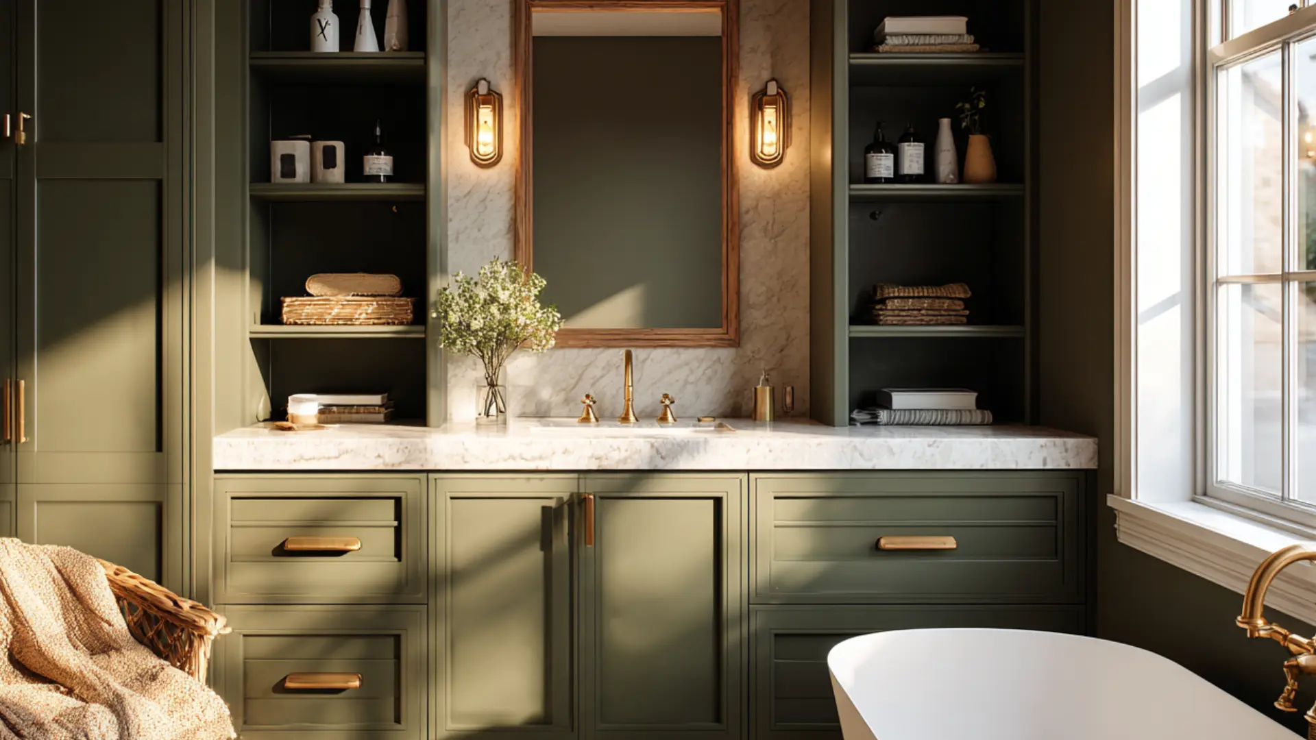 Modern bathroom with olive green vanity marble counters gold hardware built in shelves wall sconces and white soaking tub