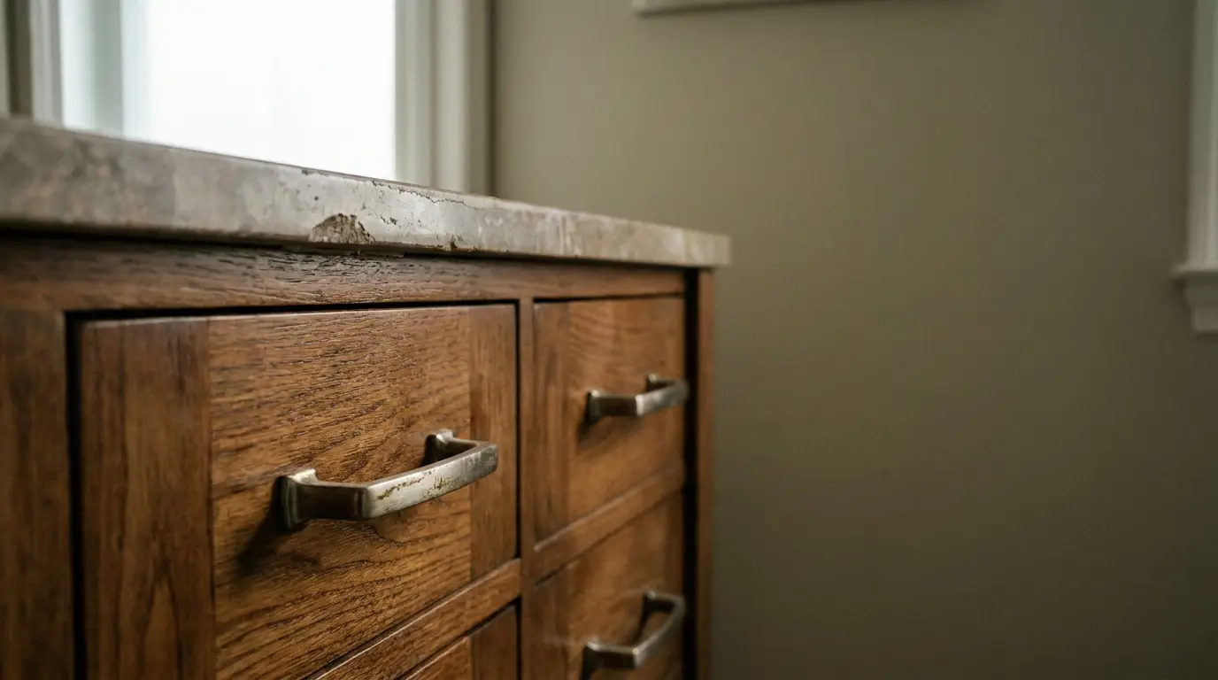 Wooden cabinet with brass handles and stone countertop in softly lit room