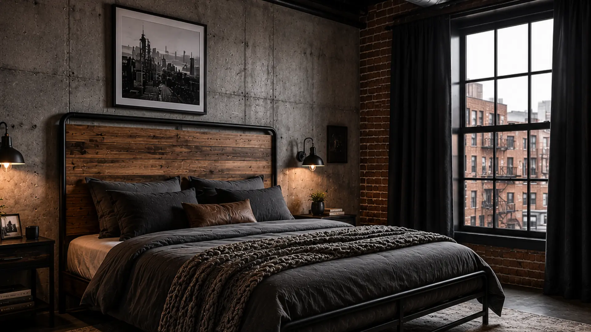 industrial loft bedroom with black metal bed frame reclaimed wood headboard linen bedding and concrete walls