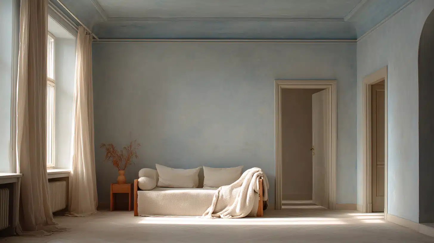 Minimalist room interior featuring pale blue textured walls, a light wood daybed with cream textiles, and sunlight streaming across the light floor near tall windows