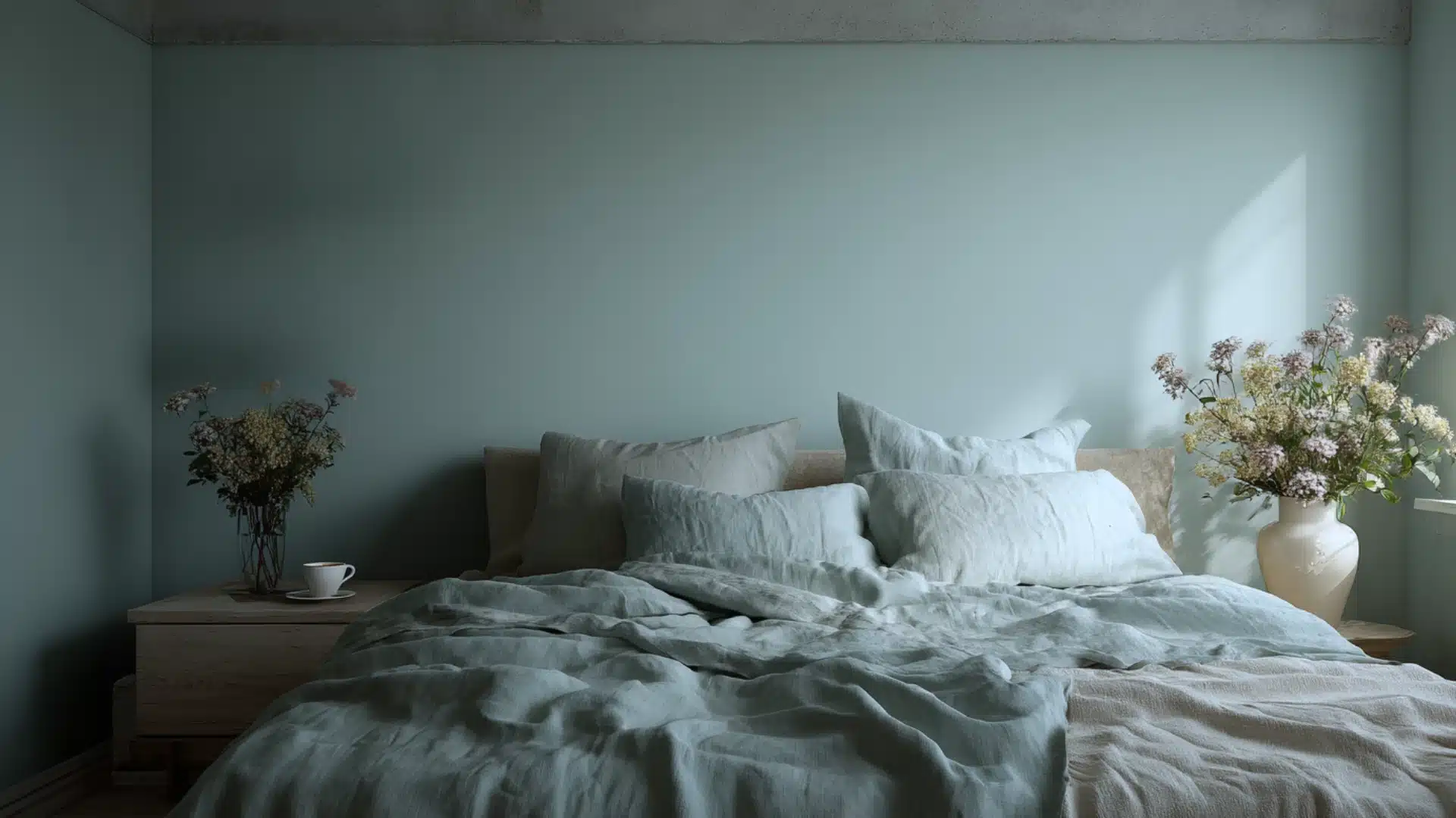 A serene bedroom featuring a bed with rumpled pale blue linen bedding against a muted seafoam green wall, flanked by nightstands with floral arrangements