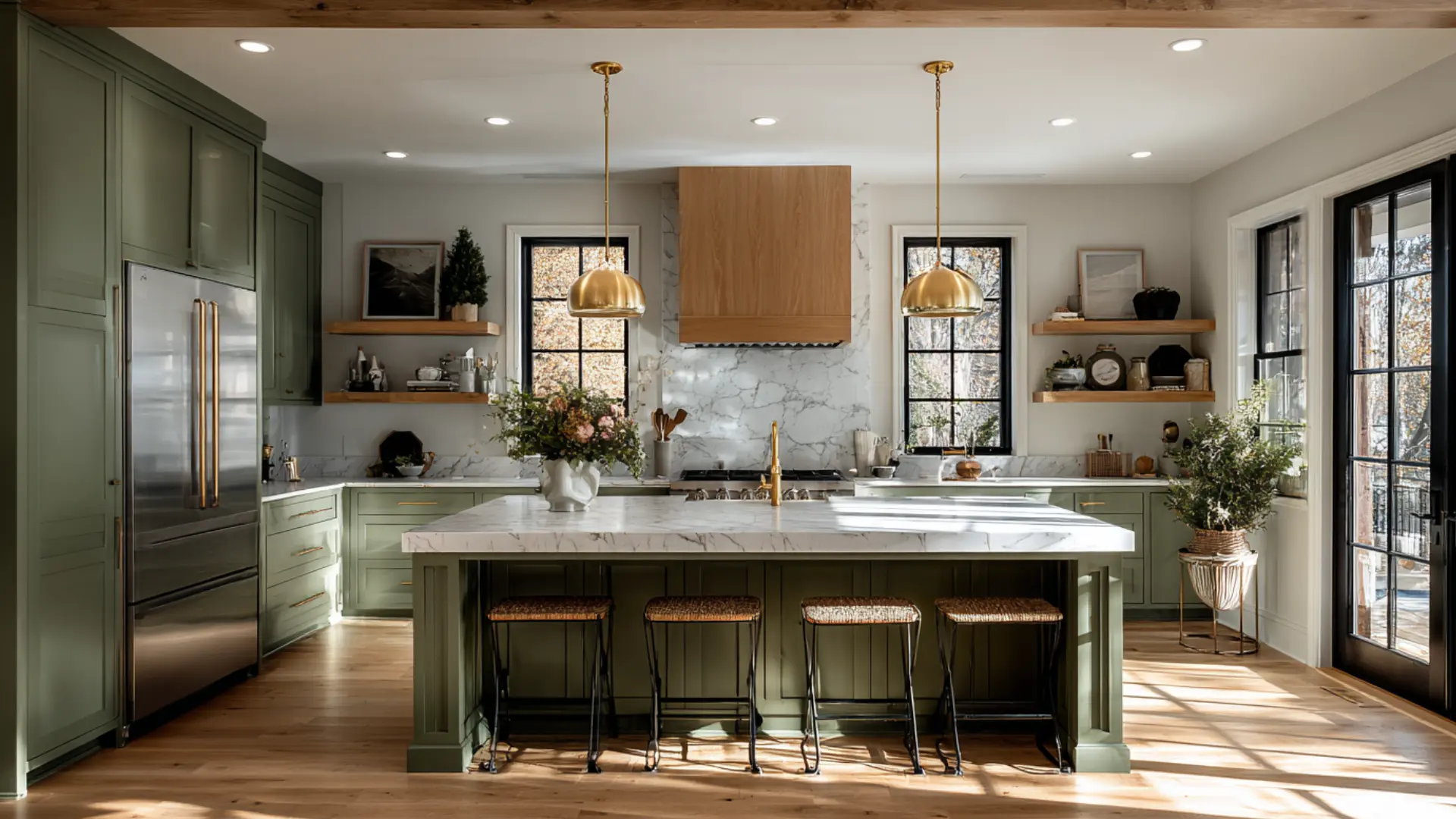Modern kitchen with sage green cabinets marble island gold pendant lights wood vent hood and woven stools in bright room
