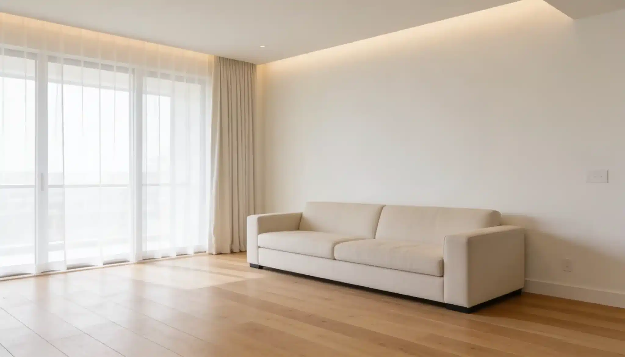 Minimalist living room featuring a cream sofa against a white wall, bright floor-to-ceiling sheer curtains, and light wood flooring with cove lighting.