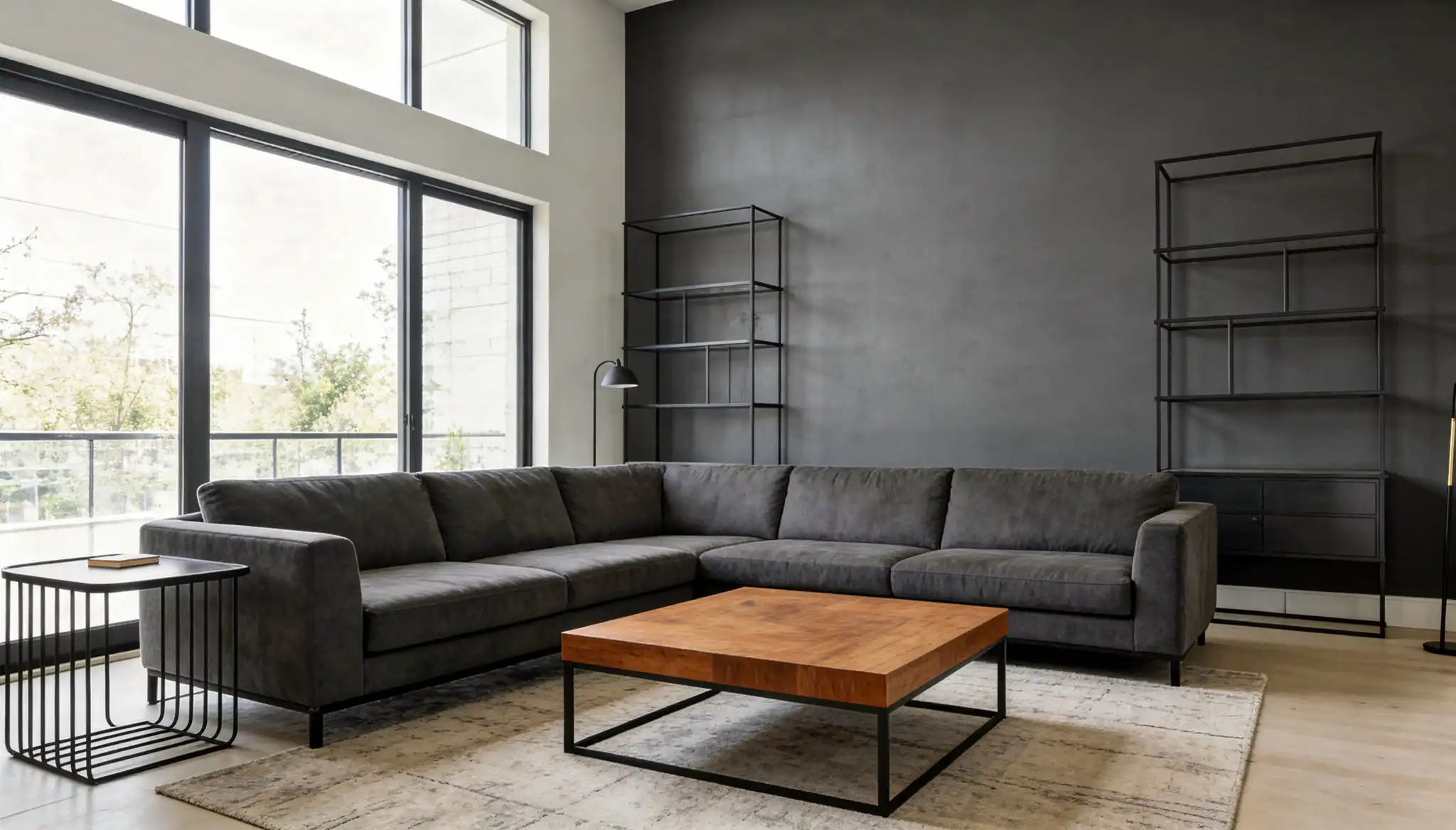 Modern living room featuring a dark gray sofa, a square wood coffee table, black metal shelving units, and floor-to-ceiling windows.