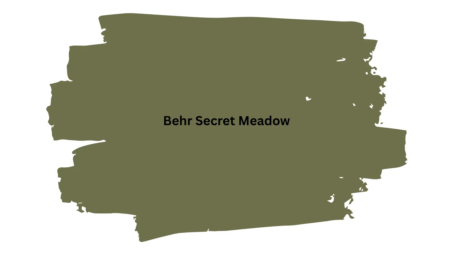 Swatch of Behr Secret Meadow paint color displayed as an olive-green brushstroke against a white background