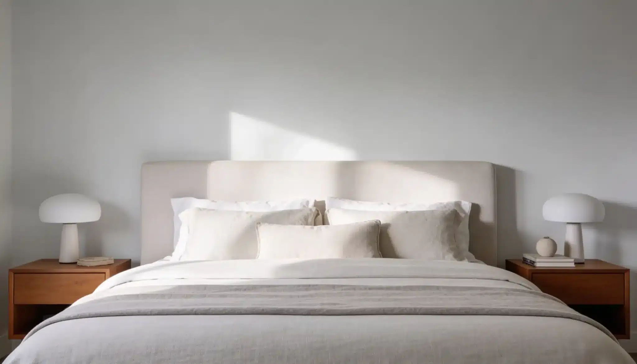 Minimalist bedroom with a neutral linen bed, upholstered headboard, and matching mushroom-style table lamps on dark wood nightstands.