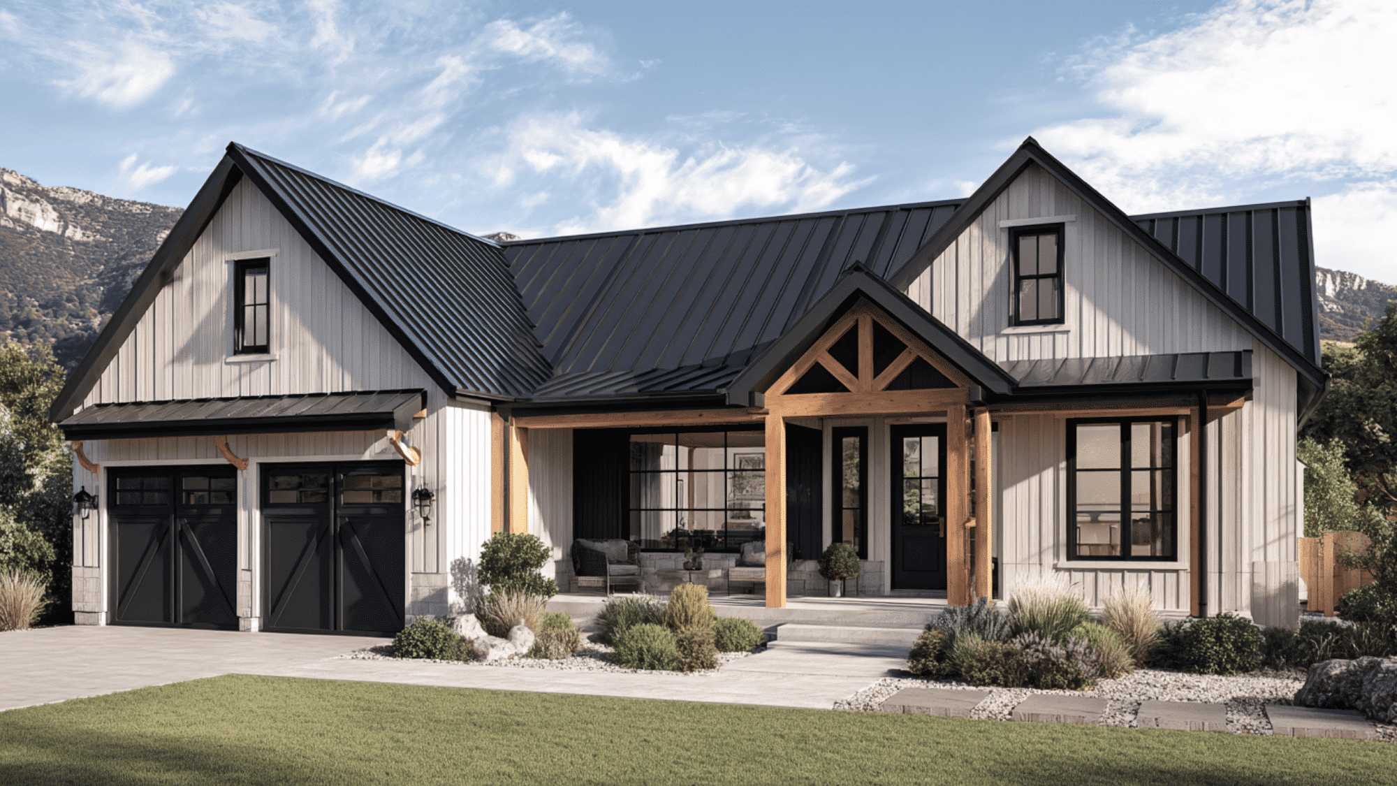 modern farmhouse with black trim and black metal roof exterior design