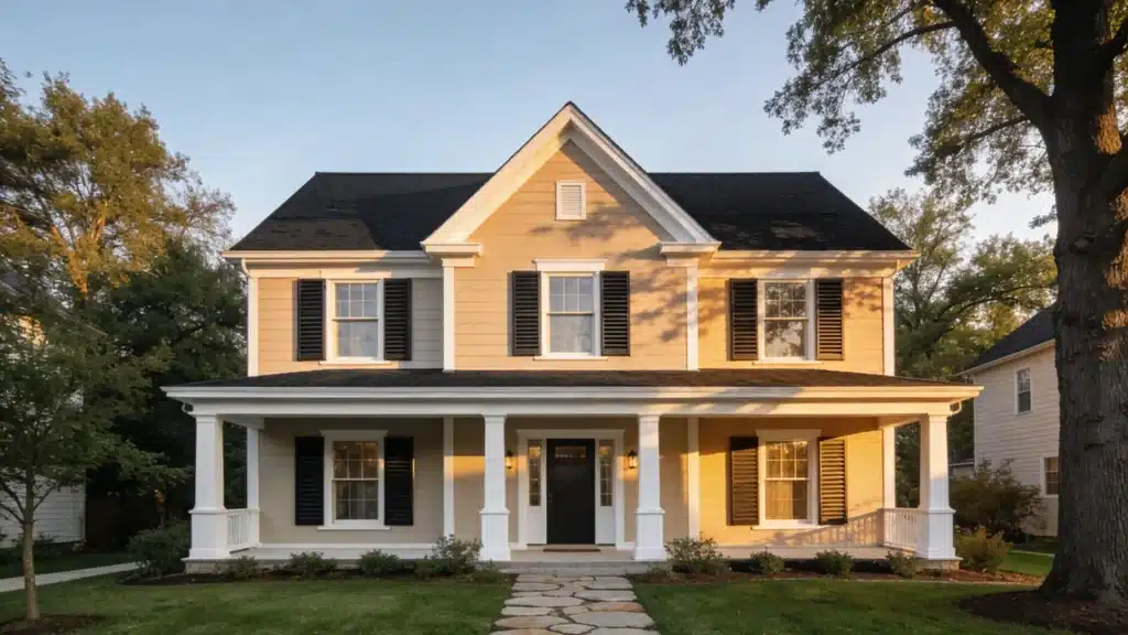 A two-story home featuring white siding and black shutters, showcasing a classic and elegant architectural style.