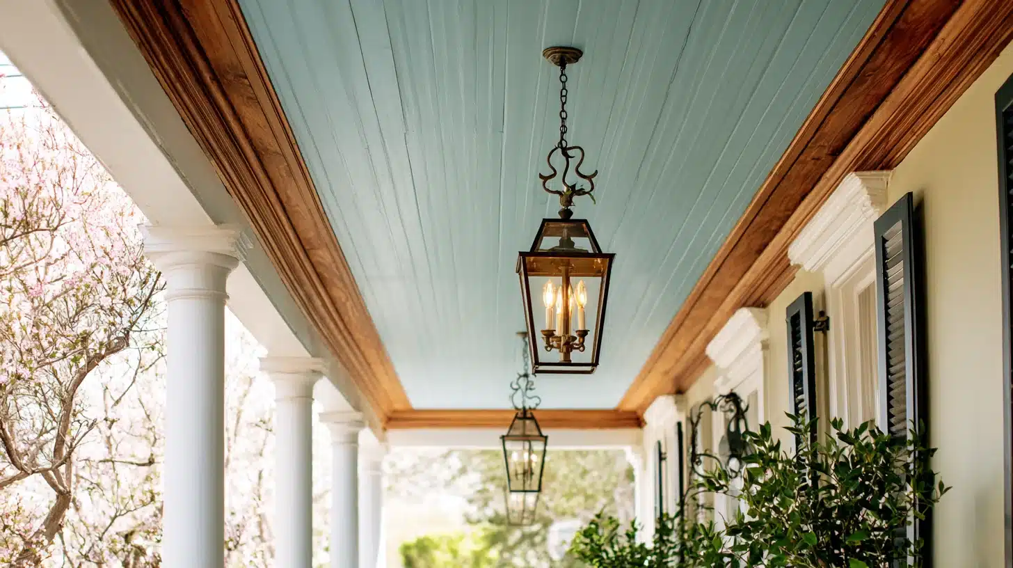 A row of antique brass lanterns hangs from a light blue paneled porch ceiling bordered by warm wood beams, flanked by white columns and dark shutters
