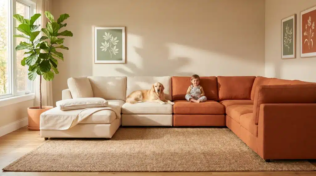 Child and dog sitting on orange and beige sectional sofa in cozy living room with plant nearby