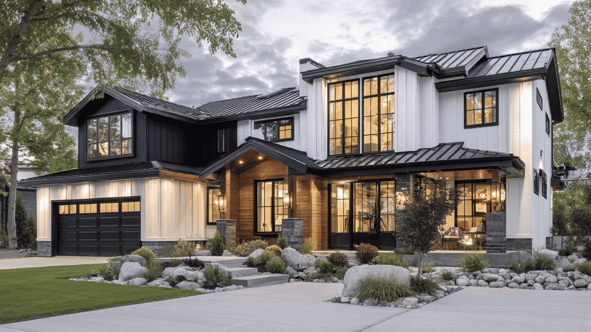 modern lakeside farmhouse with black trim and black metal roof exterior