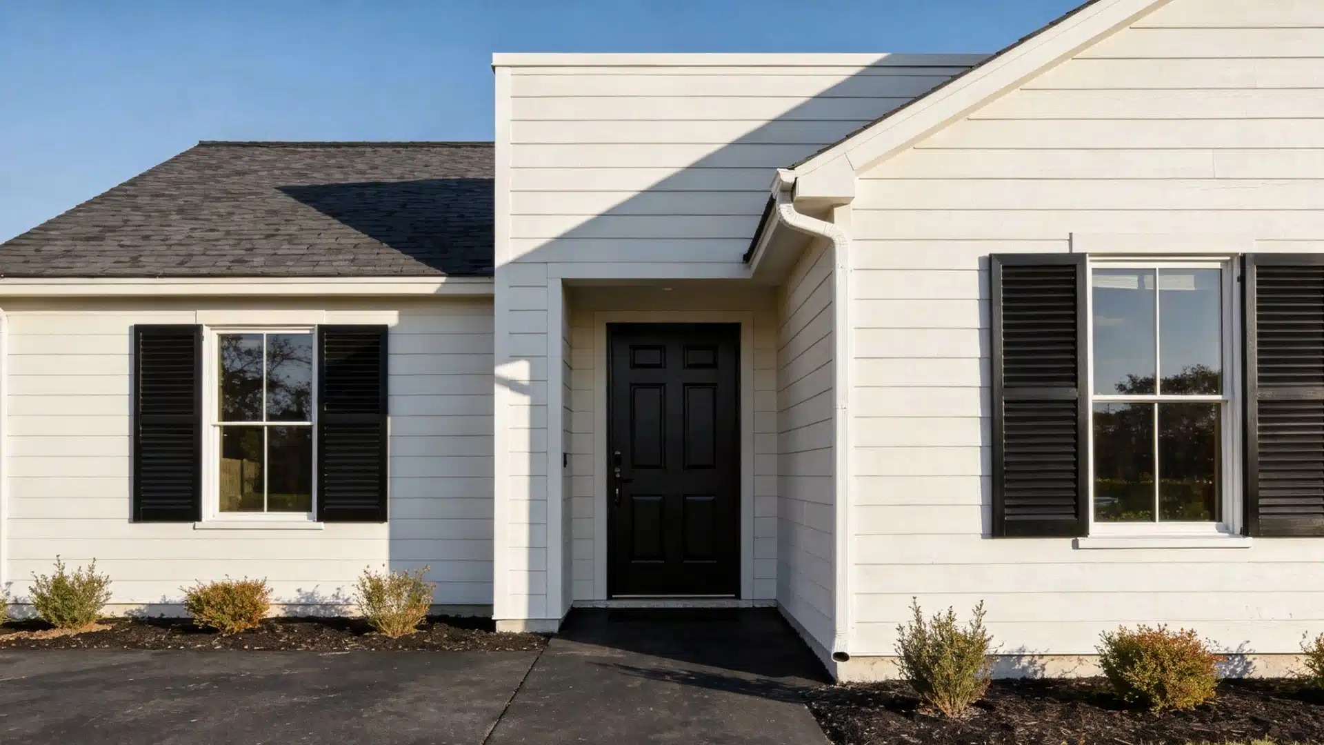 A white house featuring black shutters and a black front door, set against a clear blue sky