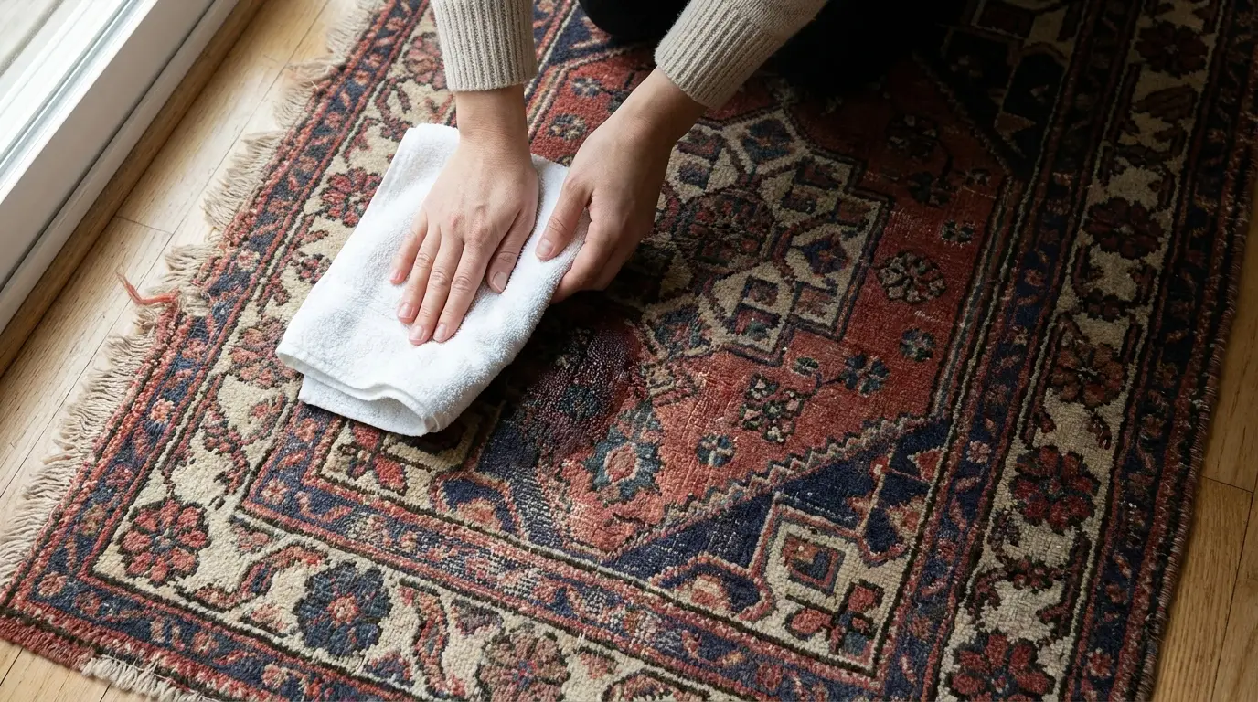 Hands cleaning patterned rug with white cloth near large window