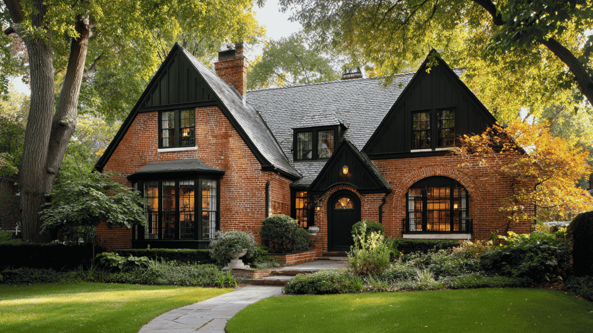 brick cottage house with black trim and warm rustic exterior design
