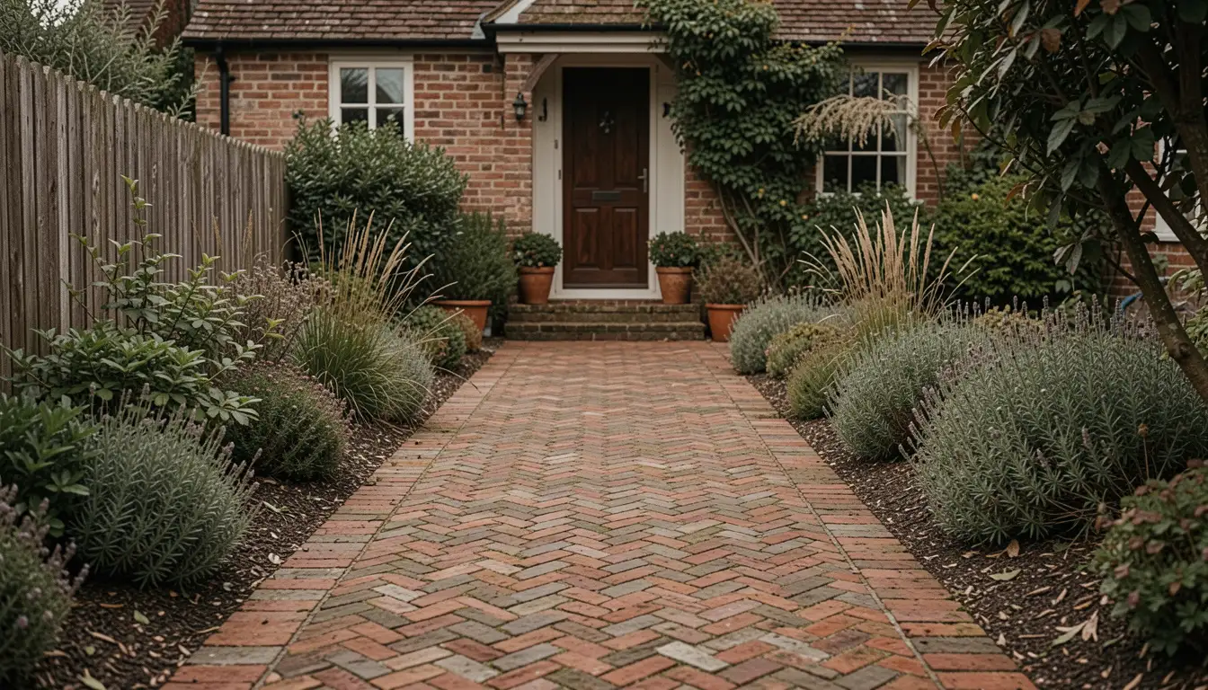 Brick path leads to a house with a wooden door, flanked by lush greenery and potted plants