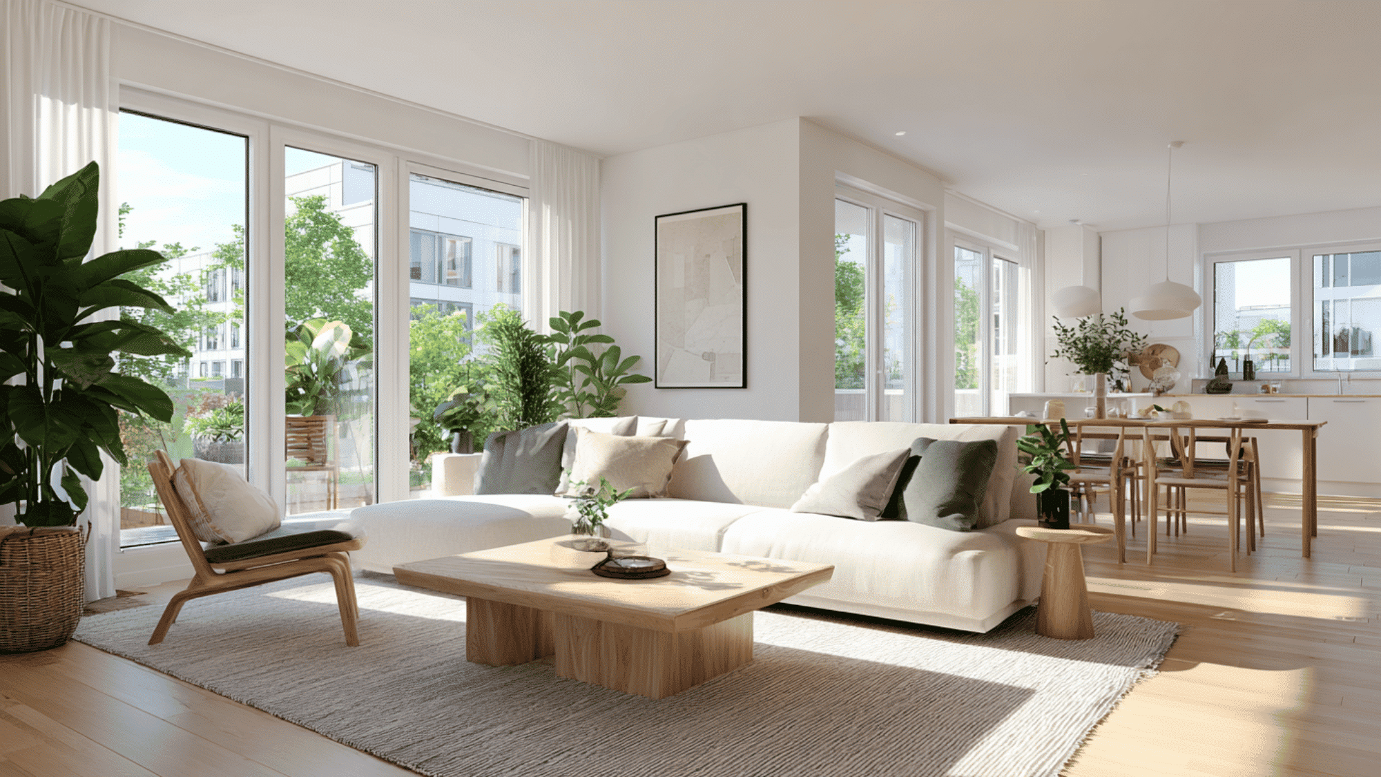 scandinavian living room with large windows, open layout, and bright airy modern interiors