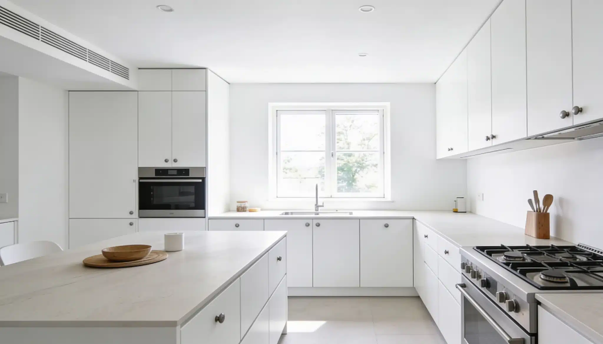 minimal kitchen with bright white ceiling and clean modern design creating a fresh open space
