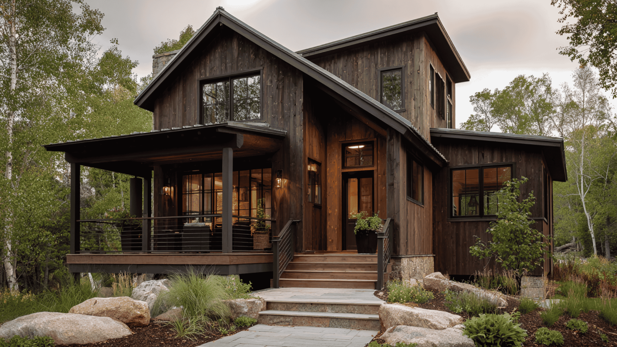 brown house with black trim and rustic modern curb appeal
