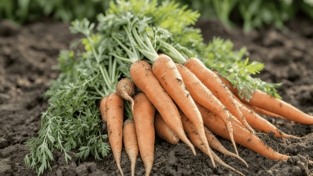 bundle of carrots kept on the soil after harvesting