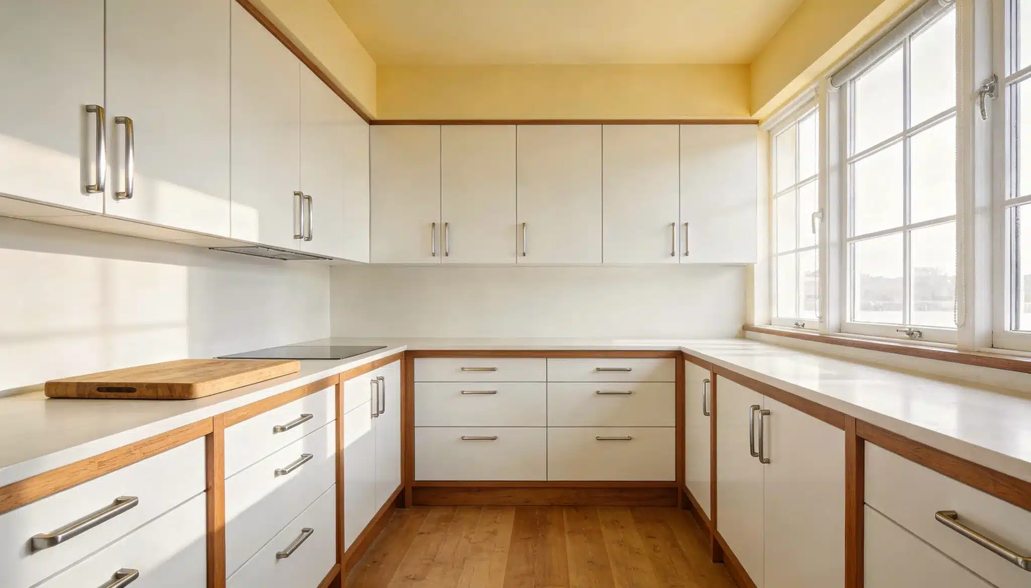minimal kitchen with soft buttery yellow ceiling and warm tones creating a welcoming space