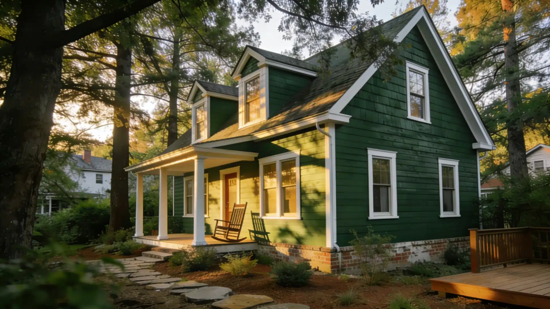 A green house with white trim features a welcoming porch, surrounded by a well-maintained yard