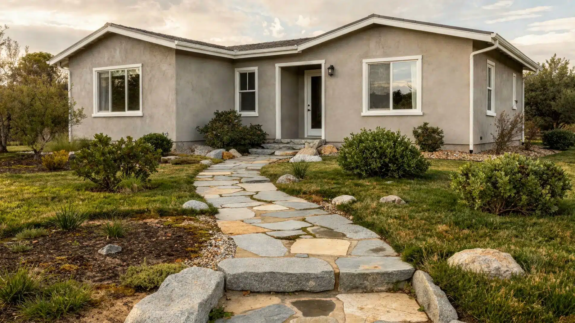 A stone path leads to a house surrounded by a well-maintained lawn and lush green grass