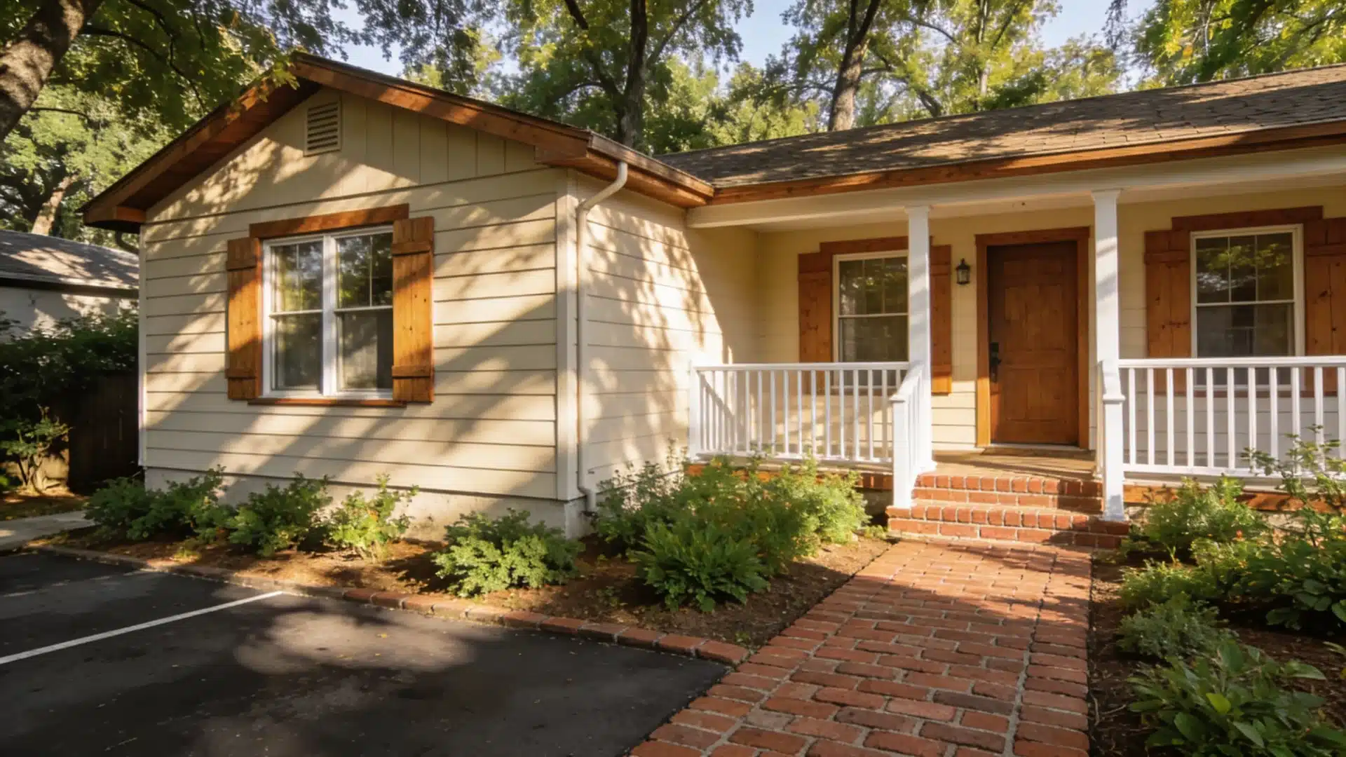 A small house featuring a porch and a brick walkway leading to the entrance
