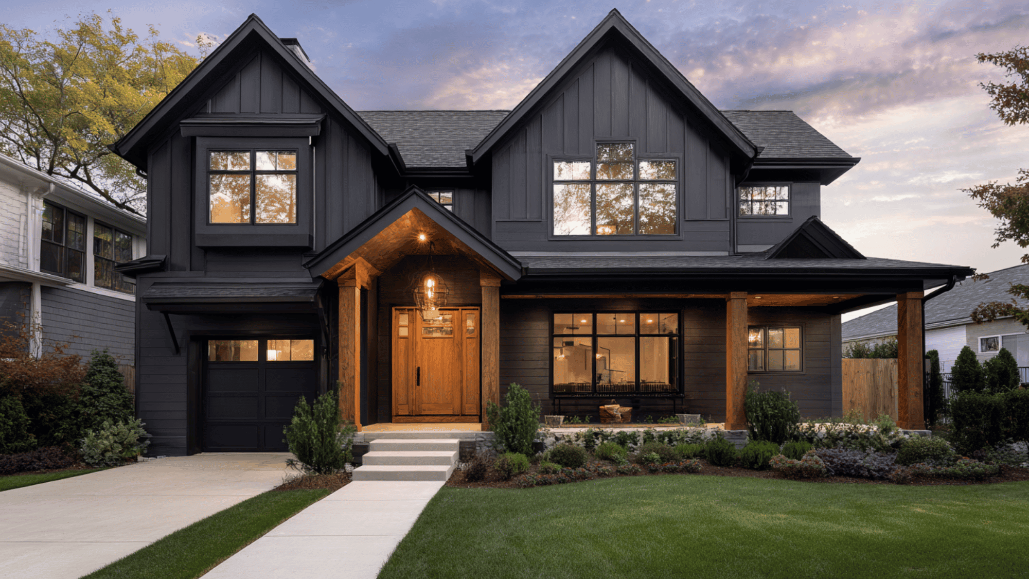 modern craftsman house with black trim and cedar wood exterior accents