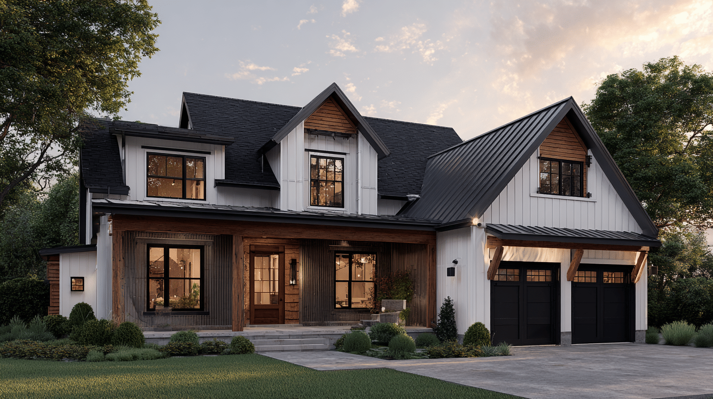 modern farmhouse with black trim and warm wood exterior accents