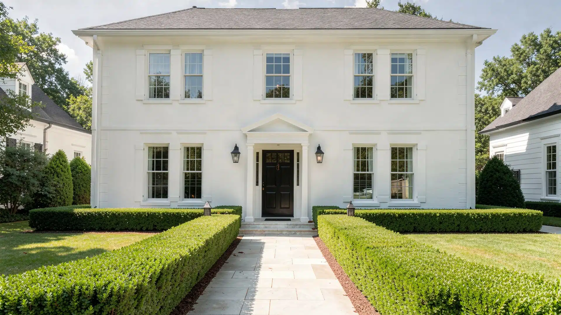 A white house surrounded by hedges, featuring a clear walkway leading to the entrance