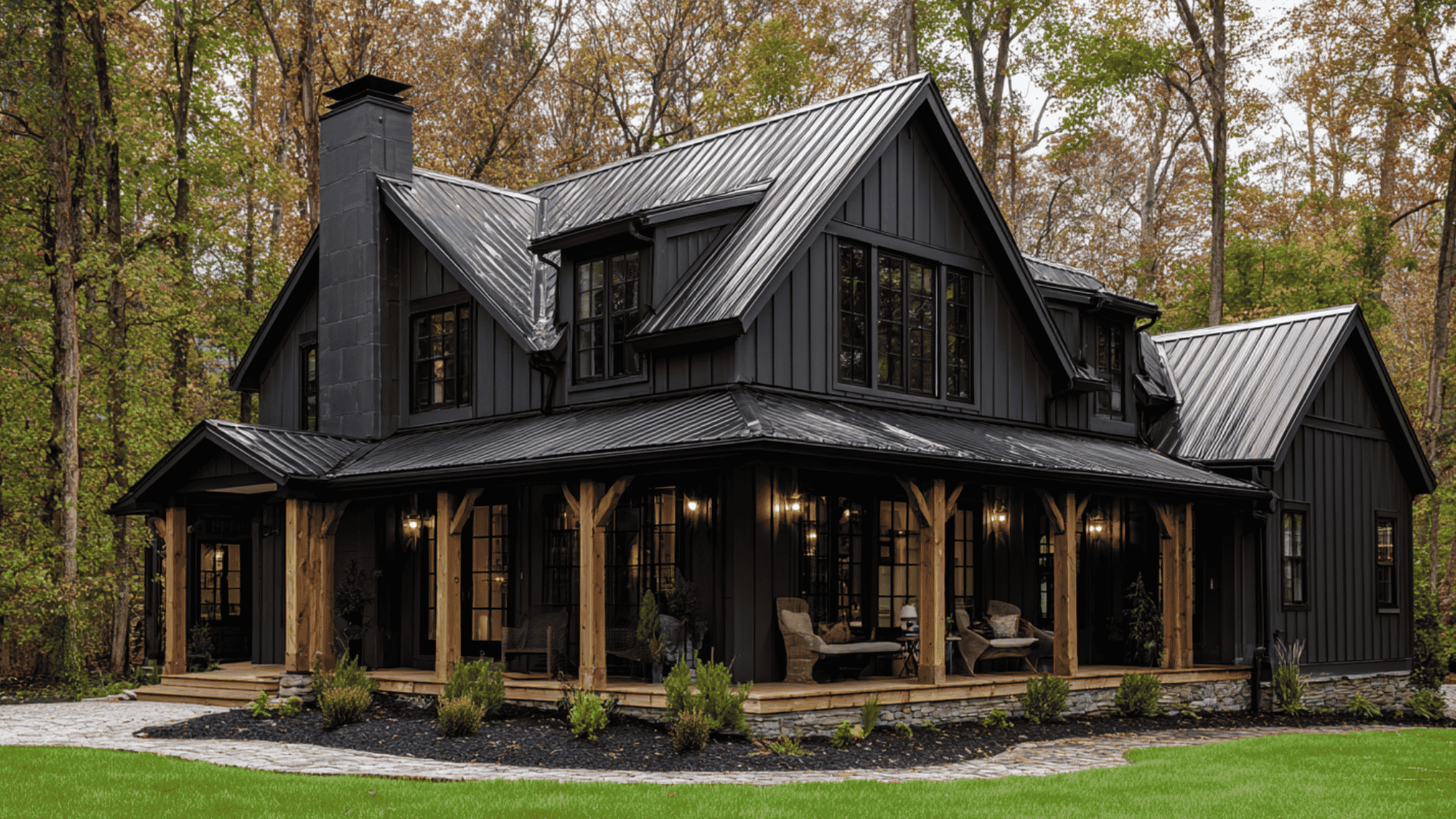 dark farmhouse with black trim and modern rustic exterior design