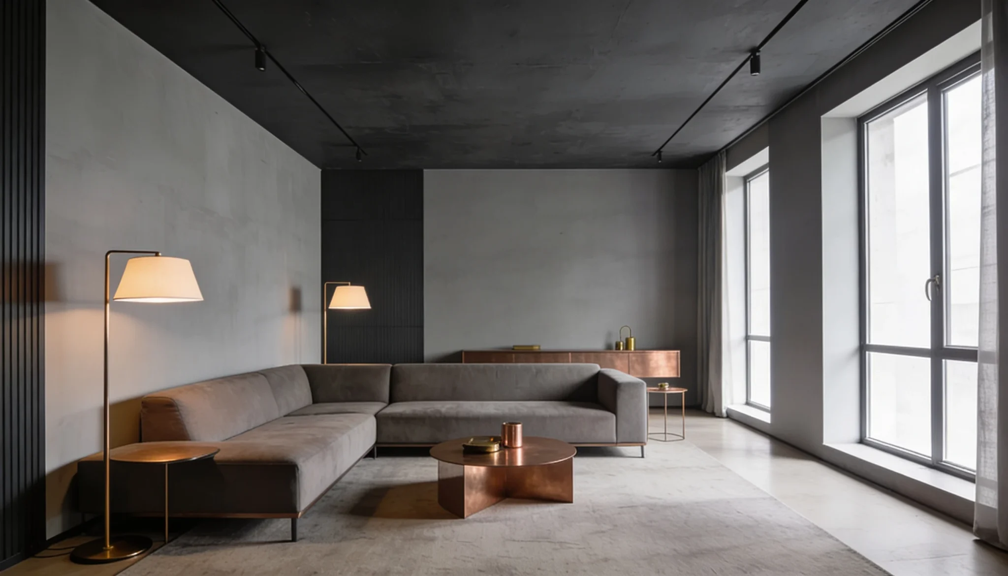 modern living room with charcoal gray ceiling and warm lighting creating a bold cohesive space