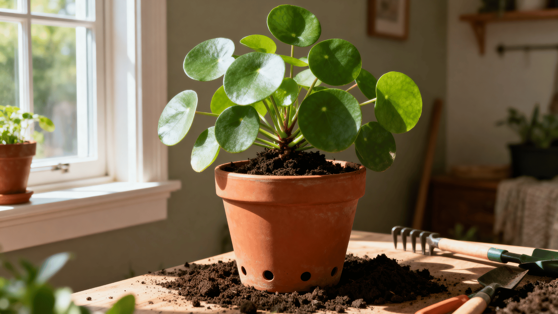 chinese money plant placed in a terracotta pot with drainage holes near a sunny indoor window.