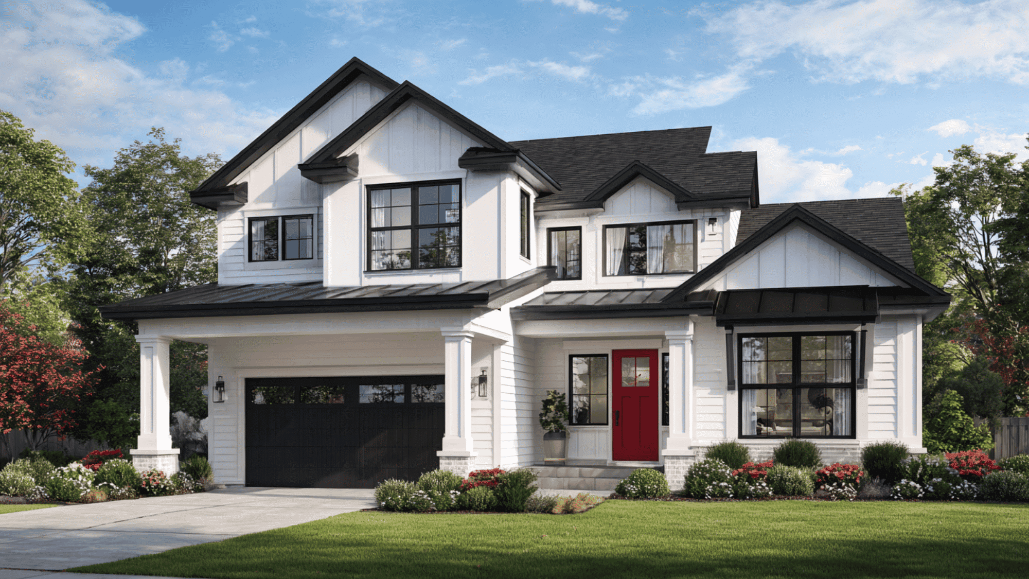 white modern farmhouse with bold black trim and red front door exterior design
