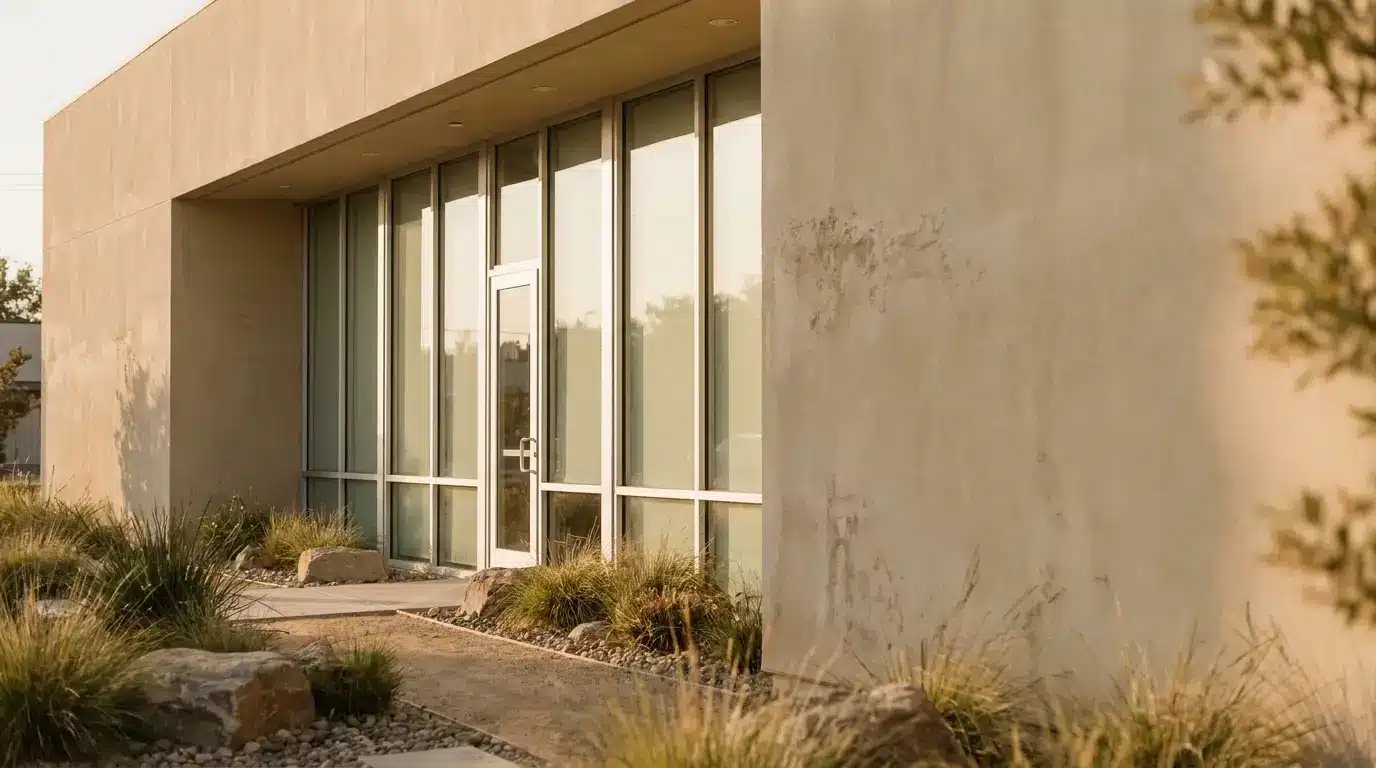 Modern building facade with large windows and metal door in a landscaped outdoor area